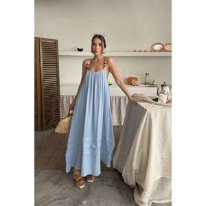 Robe longue décontractée en mousseline bleue élégante à fines bretelles, dos nu, respirante et tissée, idéale pour les loisirs - Product Image 5