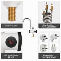 Robinet chauffe-eau électrique instantané sans réservoir 3000W, corps blanc, embouts noirs, bec en J chromé, affichage de la température rouge, pour lavabo