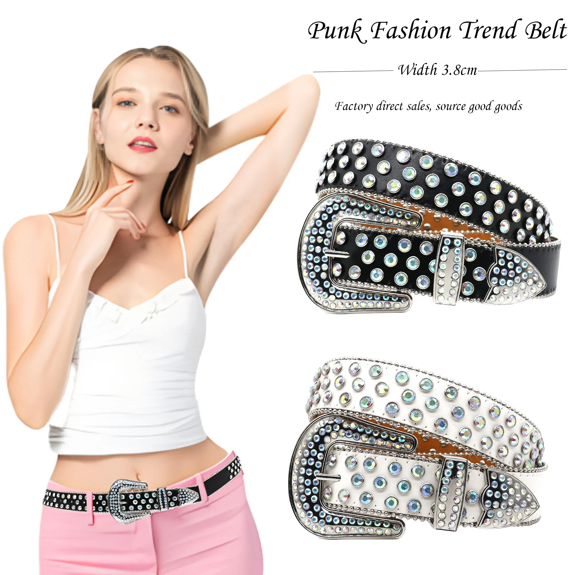 Mode Punk Western Strass Riem Vrouwelijke Ontwerper Heren Riem Sprankelende Diamant Breedte 3.8Cm Diamant Riem