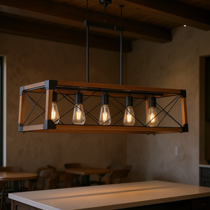 Lustre rectangulaire industriel à 5 lumières en noyer, 32 pouces, pour salle à manger, îlot de cuisine, café, décoration, ampoules LED E26 - Product Image 2