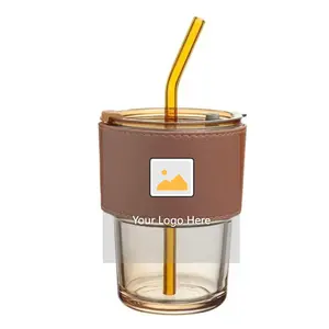 Bambus-Kaffeetasse, tragbare High Beauty Net-Kaffeetasse aus rotem Glas Wieder verwendbare Saft milch becher mit großer Kapazität und Strohhalmen und Deckeln