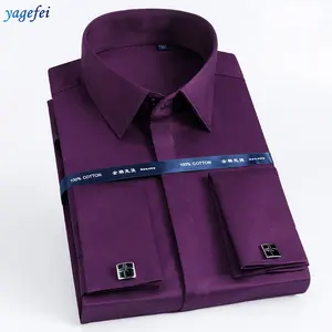 Wholesale French Cuff Formal <strong>Dress</strong> <strong>Shirt</strong> for Men High Quality Plain <strong>Purple</strong> Hidden Button Long Sleeve Camisas <strong>Shirt</strong> - Product Image 1