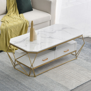 Mesa de Centro de Vidrio Extensible Giratoria de Lujo Moderna para Sala de Estar, Redonda, de Mármol, Dorada y Blanca - Product Image 3