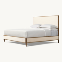 Modernes Minimalistisches Polsterbett mit Massivem Eichenholzrahmen, Stoffkopf- und Fußteil sowie Quadratischen Beinen für Hauptschlafzimmer und Hotelzimmer