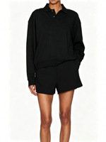 Ensemble de survêtement 2 pièces pour femme : Sweat-shirt à col polo, 2 boutons, manches longues et short à cordon de serrage à ourlet brut