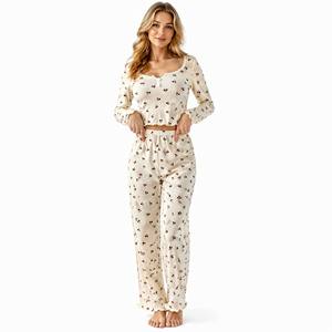 Pyjama femme 2 pièces doux et long pour l'hiver, avec imprimé floral à pois, bordure festonnée, taille élastique et dentelle contrastante - Product Image 4