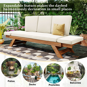Chaise longue <span class=keywords><strong>de</strong></span> patio extensible 3-en-1 en bois d'acacia, réglable, résistante aux UV et à l'eau, finition naturelle, canapé d'extérieur - Product Image 2