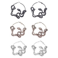 Boucles d'oreilles créoles serpent noir gothique punk antique, motif serpent torsadé, style affirmé, bijoux de fête