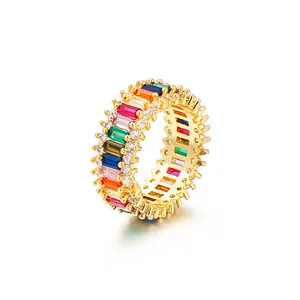 Ladies Fashion Metal Gold 9mm Wide Finger Ring Single Row Colorful Rainbow Zircon Ring