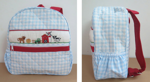 Ensemble haut en gingham bleu clair brodé à la main avec motif animaux de la ferme et pantalon rouge pour fillettes, collection boutique pour enfants - Product Image 5