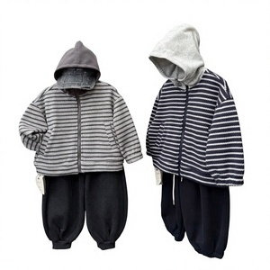 Veste d'hiver pour enfants à rayures, tricotée, doublée polaire, à <span class=keywords><strong>capuche</strong></span>, zippée, épaisse, col roulé, mi-longue, pour garçons et filles - Product Image 1