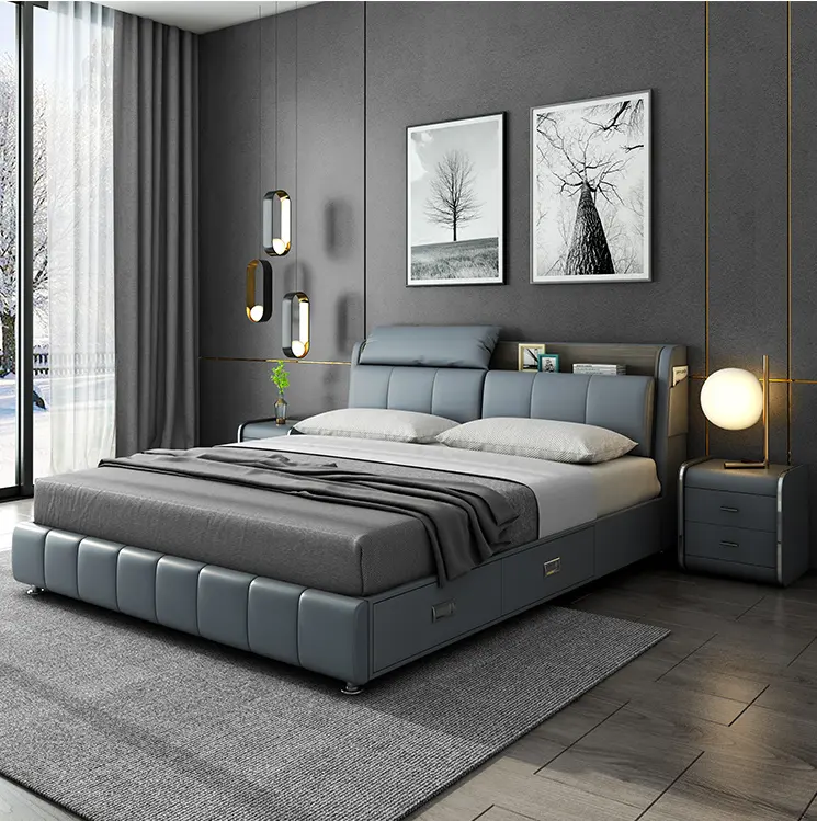 YQ JENMW Master bedroom 1.8m 1.5m double leather bed storage tatami bed + latex mattress 1.5*2.0 frame bed