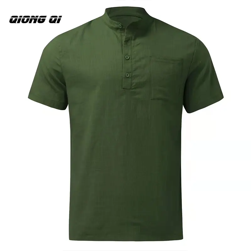 2024 Casual Men's Loose Shirt Men Standing Collar Cotton Linen Short Sleeve Solid Color T-Shirt Men