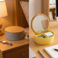 Boîte à bijoux ronde en bambou sans plastique, anti-poussière, porte-pinceaux de maquillage avec couvercle miroir, étui de rangement écologique pour coiffeuse