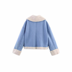 Jaket Denim Biru untuk Wanita, Desain Kerah Lipat Kasual Longgar, Mantel Musim Dingin dengan Teknik Cuci - Product Image 2