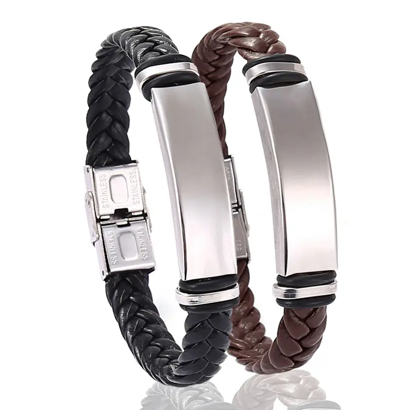 Chất Lượng Cao Đơn Giản Cuff Khắc Da Thép Không Gỉ Wristband Bracelet Cho Nam Giới Trang Sức