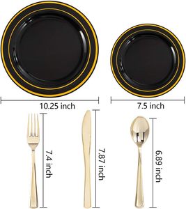 Vaisselle jetable en plastique réutilisable noir et or marbré de qualité alimentaire, écologique, pour salades/desserts, avec fourchettes et couteaux – Vente en gros - Product Image 2