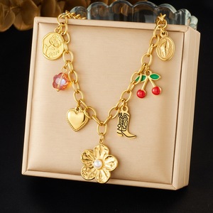Fashionable Gold Plated Charm <b>Necklace</b> With Flower Pearl <b>Cherry</b> Blossom Fruit Pendant Stainless Steel Gift Jewelry - Product Image 1