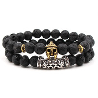 Ensemble de 2 bracelets perlés de 8 mm en pierre volcanique, tête de Bouddha, tête de crâne, casque de guerrier spartiate, couronne, unisexe
