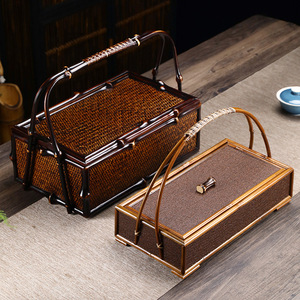 Caja de transporte de bambú con forma de ciervo, caja de almacenamiento para juego de té con asa, juego de té de laca chino retro inspirado en el Zen, caja para alimentos - Product Image 4