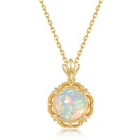 Kalung Liontin Batu Kelahiran Perak 925 dengan Opal Buatan Laboratorium, Berlapis Emas 10K, Motif Bunga
