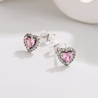 Set Perhiasan Wanita Perak Sterling 925 Berhiaskan Zirkonia Kubik Halus, Terdiri dari Gelang Berbentuk Hati Pink, Cincin, Anting, dan Kalung Hati Cinta