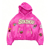 OEM Streetwear Custom Vintage Washed Sun Faded Hoodie Men Oversized Heavyweight Cotton Zipper Jacket Rhinestone Hoodies
