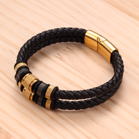 Bracelet en cuir véritable tressé noir pour homme personnalisé avec perles en acier inoxydable doré et fermoir magnétique - Bijoux de mode OEM/ODM