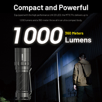 Lampe torche tactique LED mini portable rechargeable USB-C haute luminosité 1000 lumens, étanche IP68, faisceau de 360 m, en aluminium aéronautique