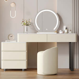 Ensemble de coiffeuse en bois blanc crème, coiffeuse <span class=keywords><strong>moderne</strong></span> en cuir avec miroir, design simple, <span class=keywords><strong>commode</strong></span> de rangement, idéal pour les adultes - Product Image 1