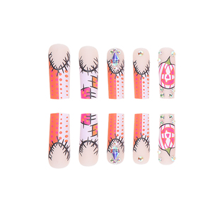 Ingrosso 24 Pezzi Unghie Finte di Halloween Divertenti a Forma di Zucca Stile Graffiti con Diamanti, Unghie Francesi Indossabili, Unghie Finte per un Look Atmosferico - Product Image 4