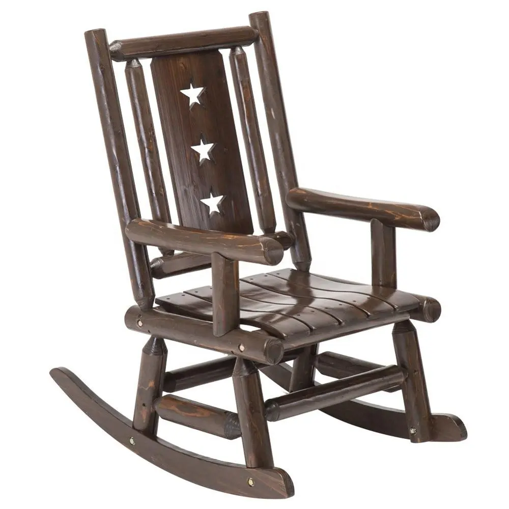 HE-553,สนามหญ้า Patio ไม้ Rocker เก้าอี้ Burnt สีน้ำตาล Heavy Duty Log เก้าอี้ไม้ดิบโยกเก้าอี้