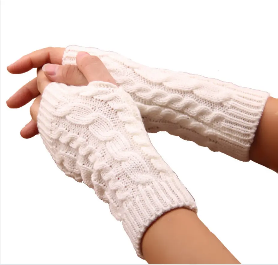 Sıcak satış kablo örgü parmaksız beyaz akrilik moda kadınlar kış eldiven