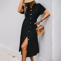 Robe chemise pour femme, été, décontractée, coupe ajustée, détail poche, couleur unie, disponible en noir, bleu marine, vert foncé, vente en gros