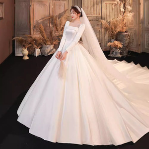 Elegant Heavy Satin Wedding Dress Square Collar Long Sleeve Ball Gown Natural Waistline For Brides - Product Image 4