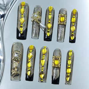 Uñas postizas acrílicas hechas a mano al por mayor, suministro a granel, cuadradas de cobertura completa, forma de ataúd, diseño de diamantes de imitación rosas - Product Image 1