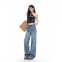 Celana Jeans Denim Kasual Wanita Berkualitas Tinggi, Serbaguna, Pinggang Tinggi, Warna Solid, Efek Water Wash, Kaki Lebar, Panjang hingga Mata Kaki
