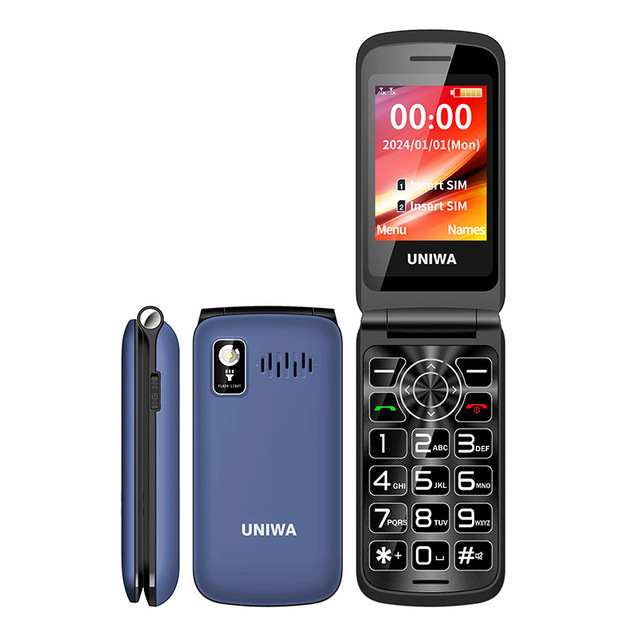 UNIWA F106 2026 Dual Screen Flip Phone 2.4 Inch Retro Feature Phone with T9 Keypad and 1600mAh Battery in Spanish and French