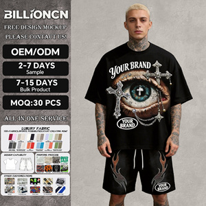 Ensemble streetwear deux pièces pour homme, personnalisé OEM, style Y2K, en coton, avec short à grands imprimés et blocs de couleur, et t-shirt oversize - Product Image 1