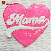 Patchs thermocollants personnalisés en gros, lettres « Mama » en chenille, grand format, avec paillettes cœur, pour vêtements