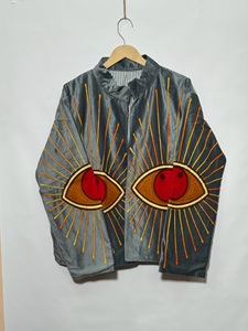 Women's <b>Velvet</b> <b>Jacket</b> Mandarin Collar Hand Embroidered Eye Pattern Full Sleeve Autumn Style Geometric Design Pullover Coat - Product Image 4