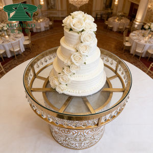 Elegantes mesas laterales para tartas de boda con marco de acero inoxidable y cristales rosados. - Product Image 3