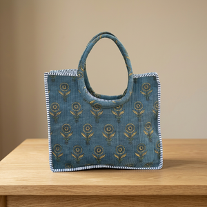 Sac fourre-tout en coton imprimé floral bohème du Rajasthan avec broderie, deux poignées, fermeture ouverte, pour femmes, shopping toutes saisons - Product Image 1