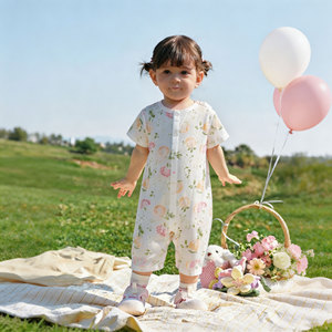 Barboteuse d'été unisexe pour bébé, à manches courtes, en pur coton, sans coutures, fine, mi-mollet, pour nouveau-né et enfant de 1 an, avec col et fermeture à boutonnage simple - Product Image 1