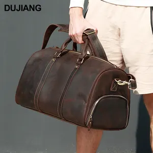 Dujiang Mochila de couro genuíno vintage para homens, mochila de viagem diária com estojo para sapatos com fecho com zíper