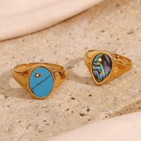 Bijoux de mode étanche 18K plaqué or en acier inoxydable Turquoise chevalière goutte d'eau ormeau coquille Zircon anneau pour les filles