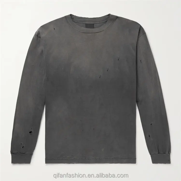 Custom long sleeve vintage wash distressed ripped t shirt for men