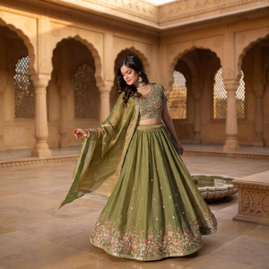 Conjunto de Lehenga Choli Dupatta de Seda para Mujer, Estilo Fiesta, para Todas las Temporadas, con Atractivo Bordado Multihilo - Product Image 1