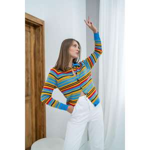 Cardigan tricoté bleu pour femme, décontracté, couleur bonbon, rayé, anti-boulochage, à manches longues - Product Image 2