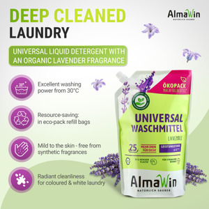 Detergente Líquido para Ropa AlmaWin Custom 1 Universal Bio, Bolsa de Recarga Eco-Pack de 1.5L con Aroma a Lavanda para Bebés - Product Image 3